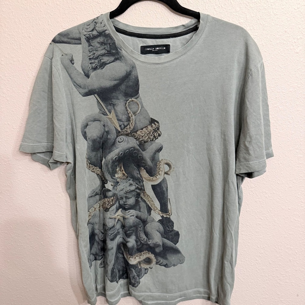 Frankie Morello Milan Mens Graphic T-Shirt Sage Green Mythological Print Size L